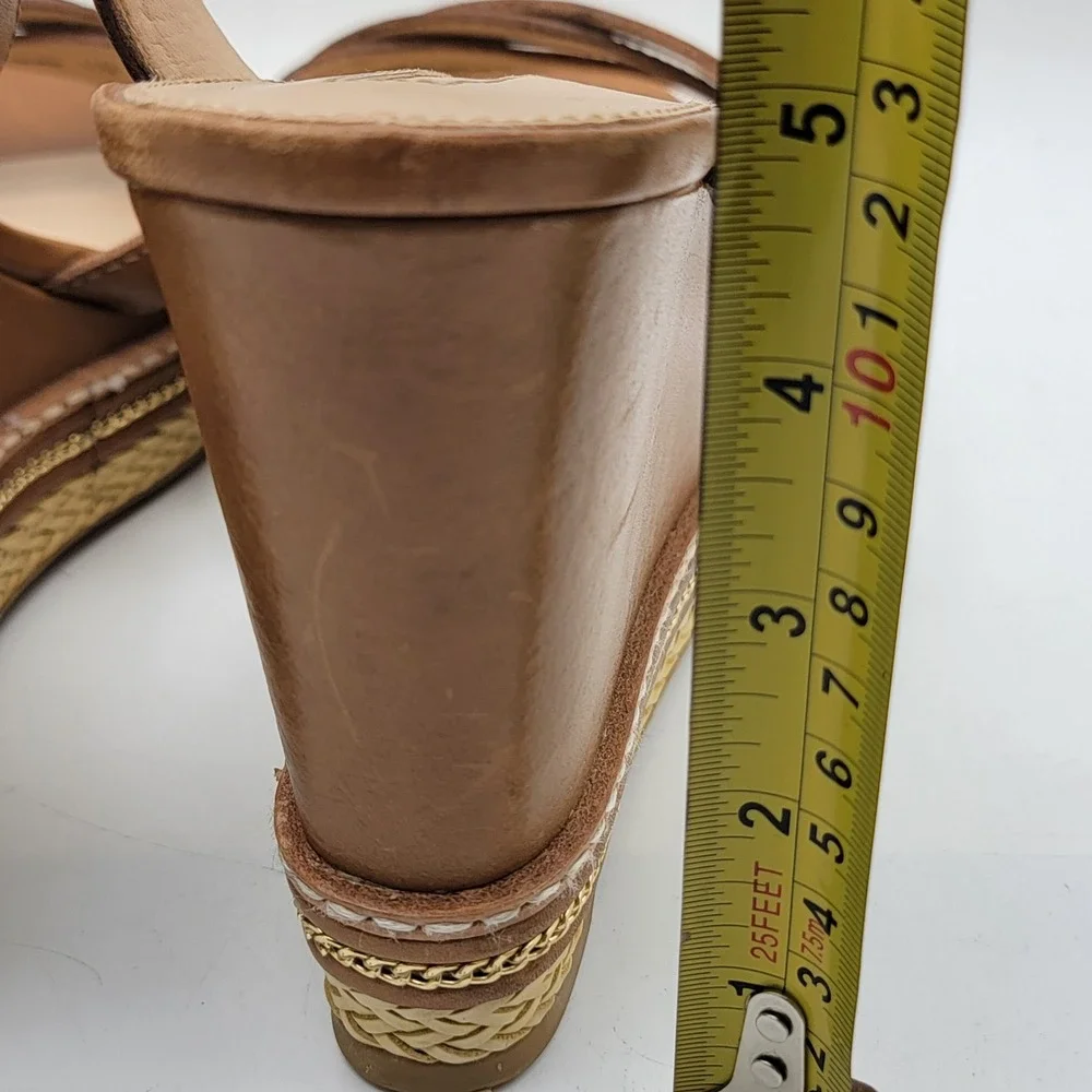 Antonio Melani Tan Leather‎ Wedge Sandals Strappy Platform Gold Chain Detail 9.5